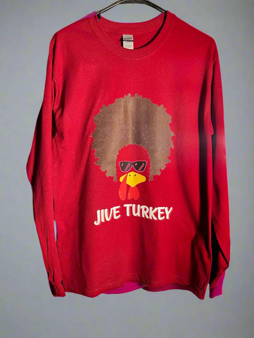 Jive Turkey Thanksgiving shirt in magenta – long sleeve retro holiday design
