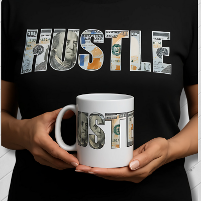 A person wearing a black t-shirt with a graphic that says 'HUSTLE' in stylized text, holding a white ceramic mug with the word ' Hustle' on it.