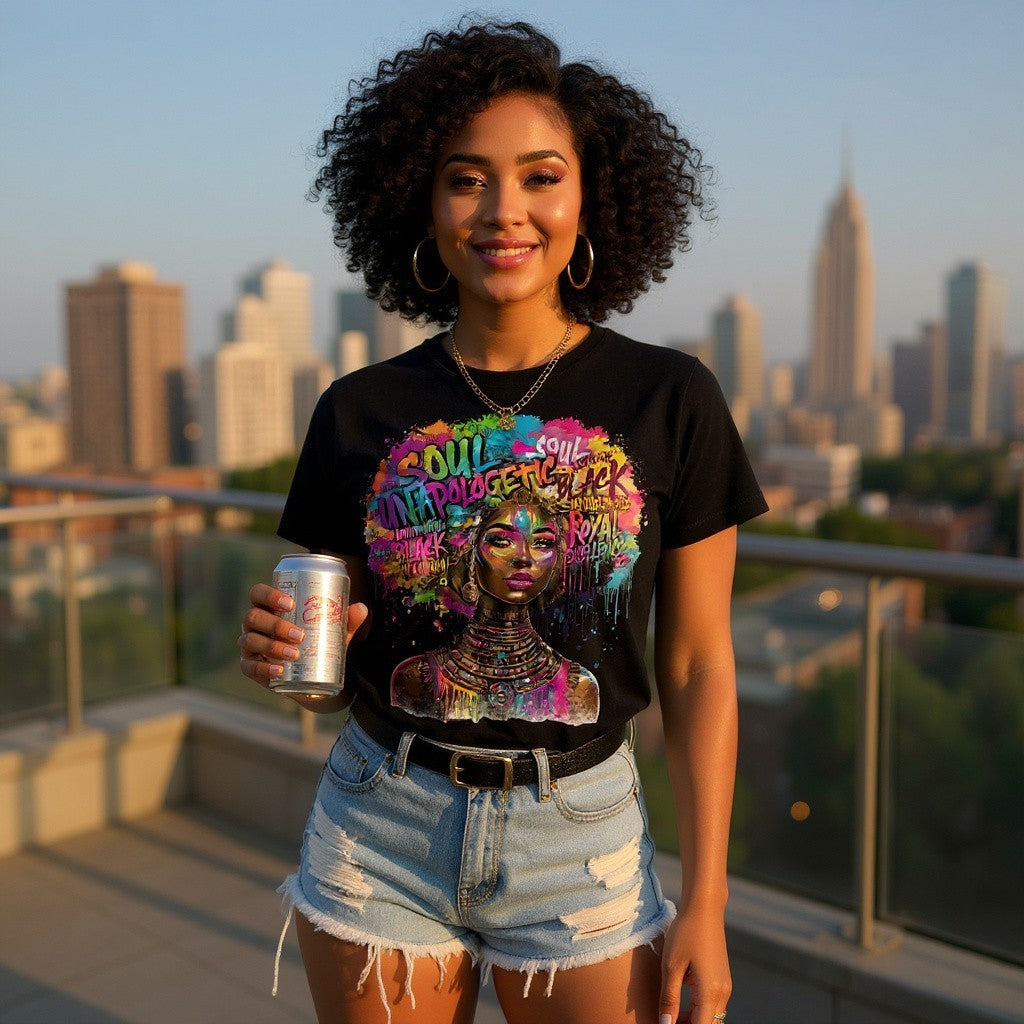 Woman wearing a colorful graphic t-shirt with a cityscape in the background
