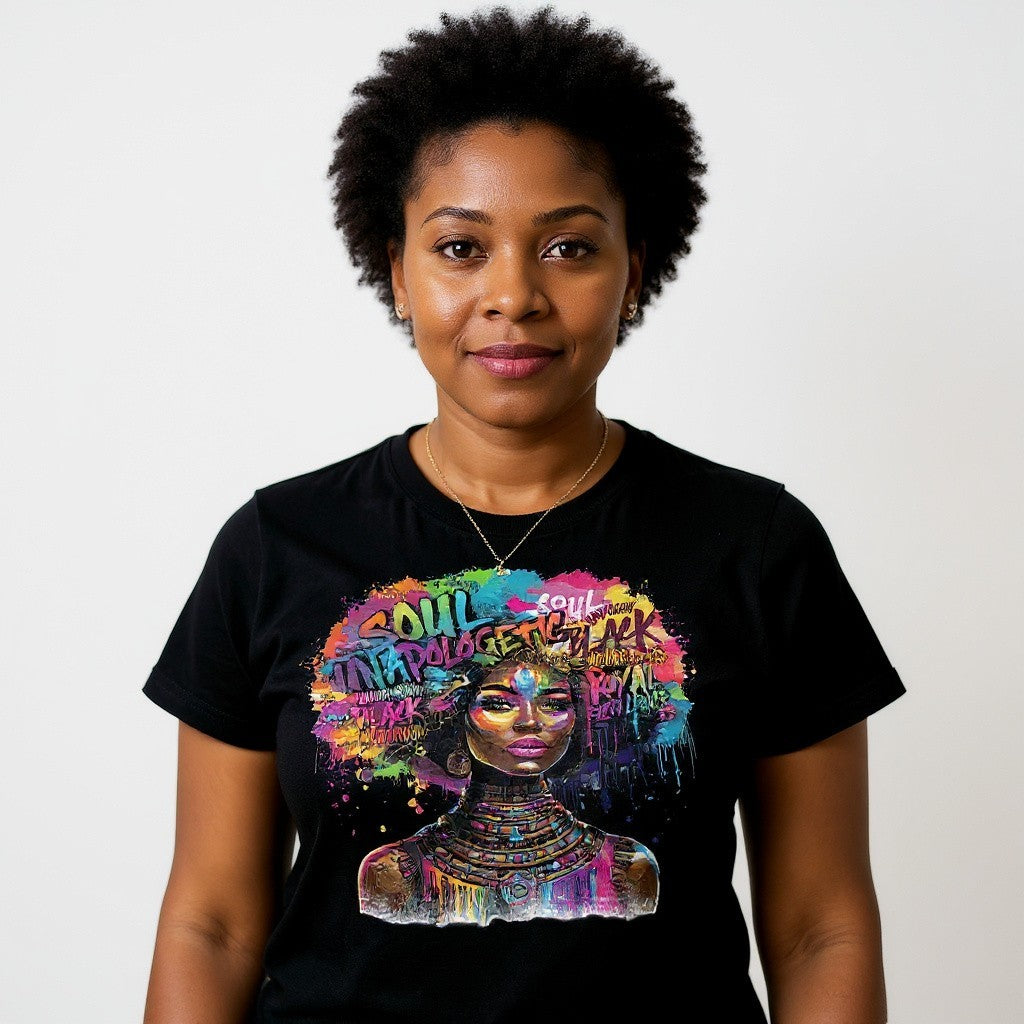 Woman wearing a black t-shirt with a colorful graphic design of a woman's face.