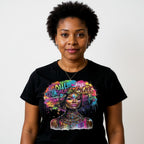 Woman wearing a black t-shirt with a colorful graphic design of a woman's face.