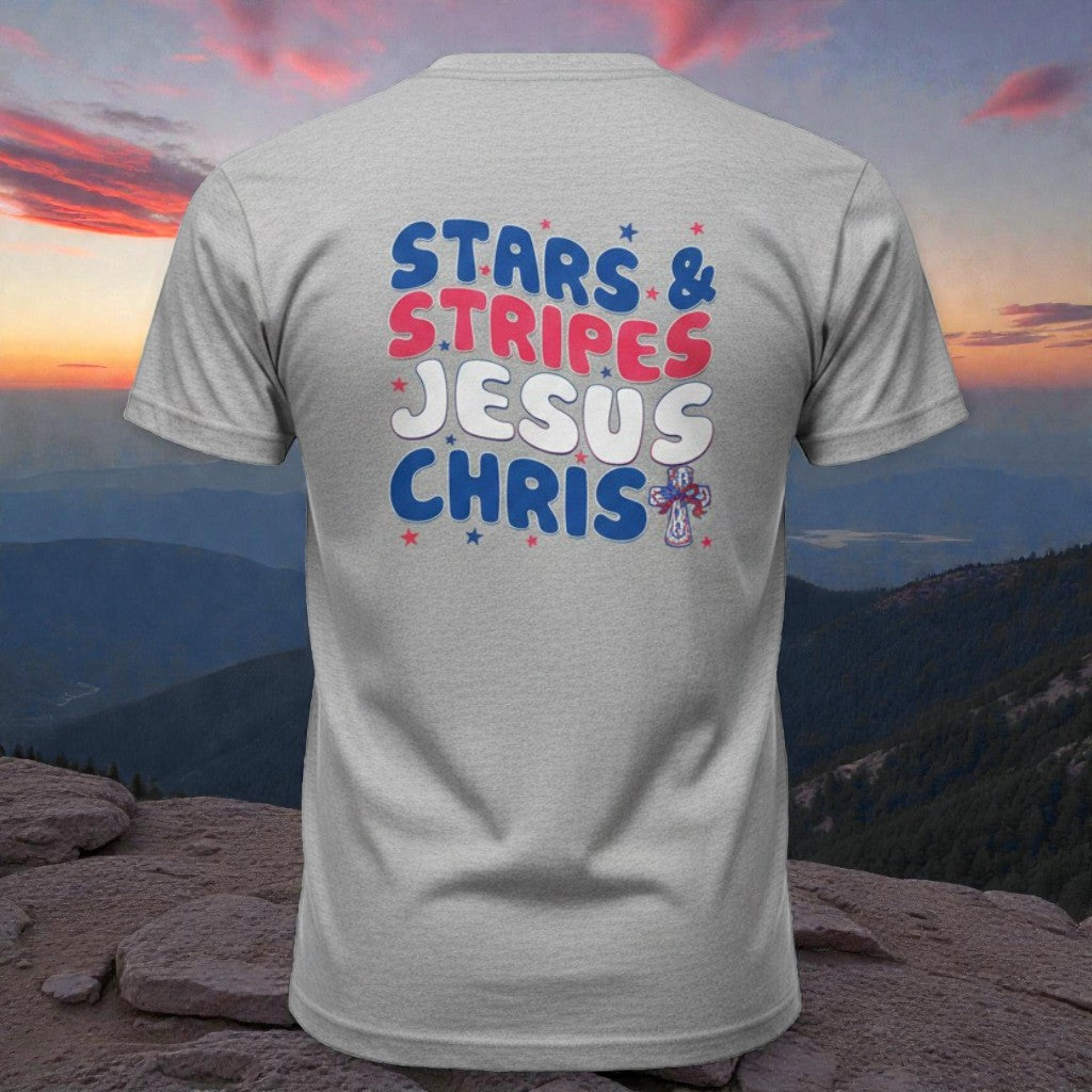 Patriotic Christian graphic tee Stars and Stripes Jesus Christ design back view