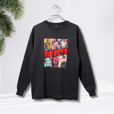 Black long-sleeve shirt with graphic design and 'Bad Boys' text on a plain background