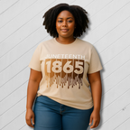 Woman wearing a t-shirt with 'Juneteenth 1865' design on a sidewalk.