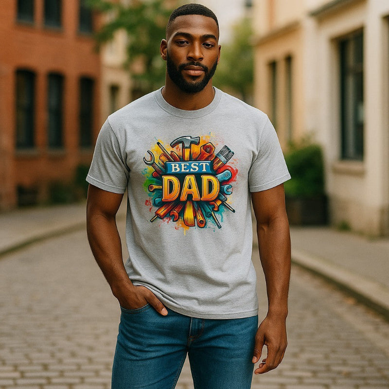 Man wearing Best Dad graphic t-shirt with colorful tool design
