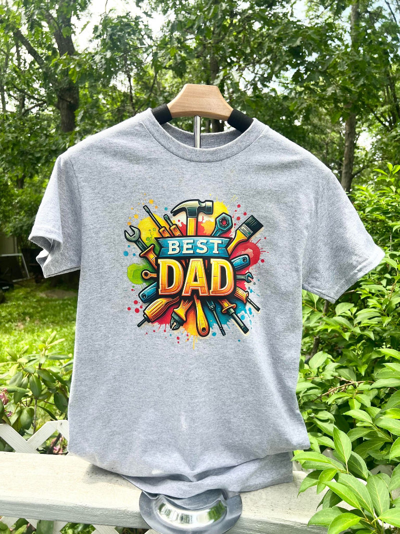 DIY Dad grey shirt that says Best Dad with tools  vibrant graphic.