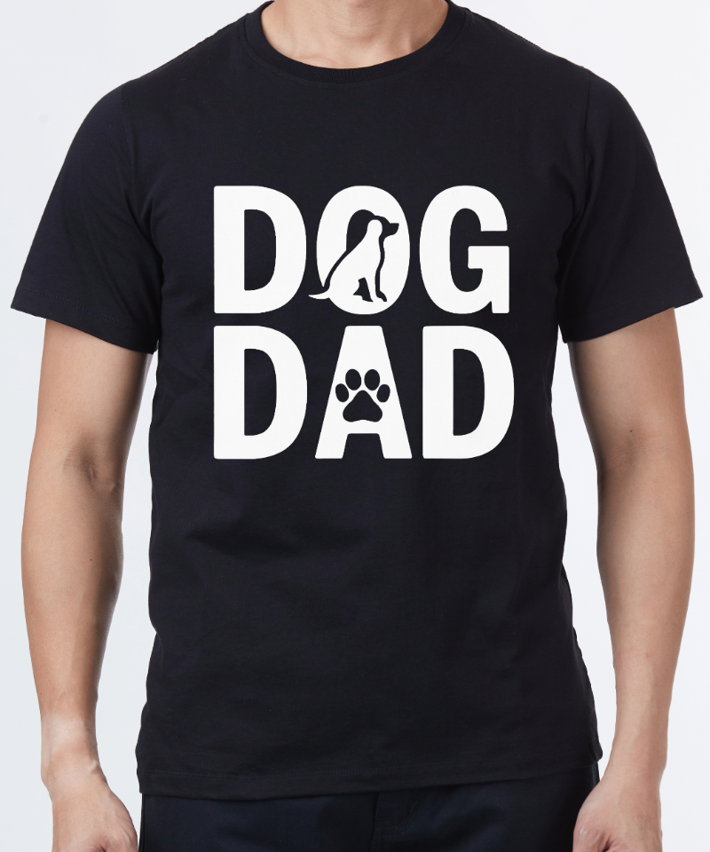 Black t-shirt with 'DOG DAD' text and dog icon on a white background