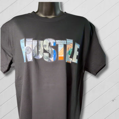 Black t-shirt with 'HUSTLE' design on a mannequin against a white background