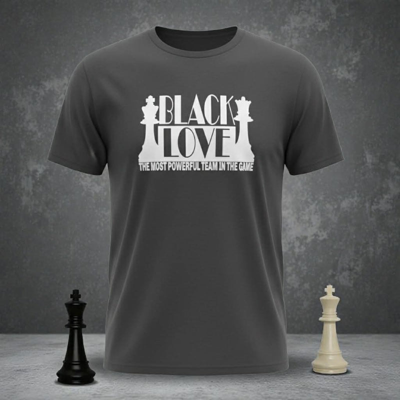 Black t-shirt with 'Black Love' graphic and chess pieces on a gray background