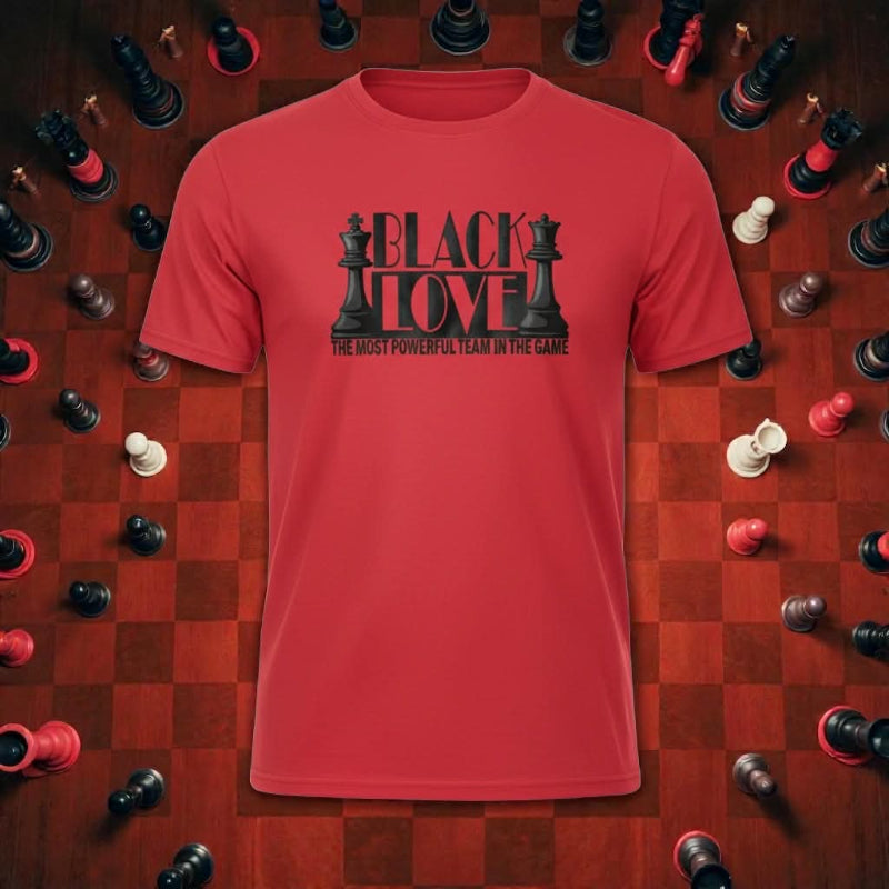 Red t-shirt with 'Black Love' chess design on a chessboard background