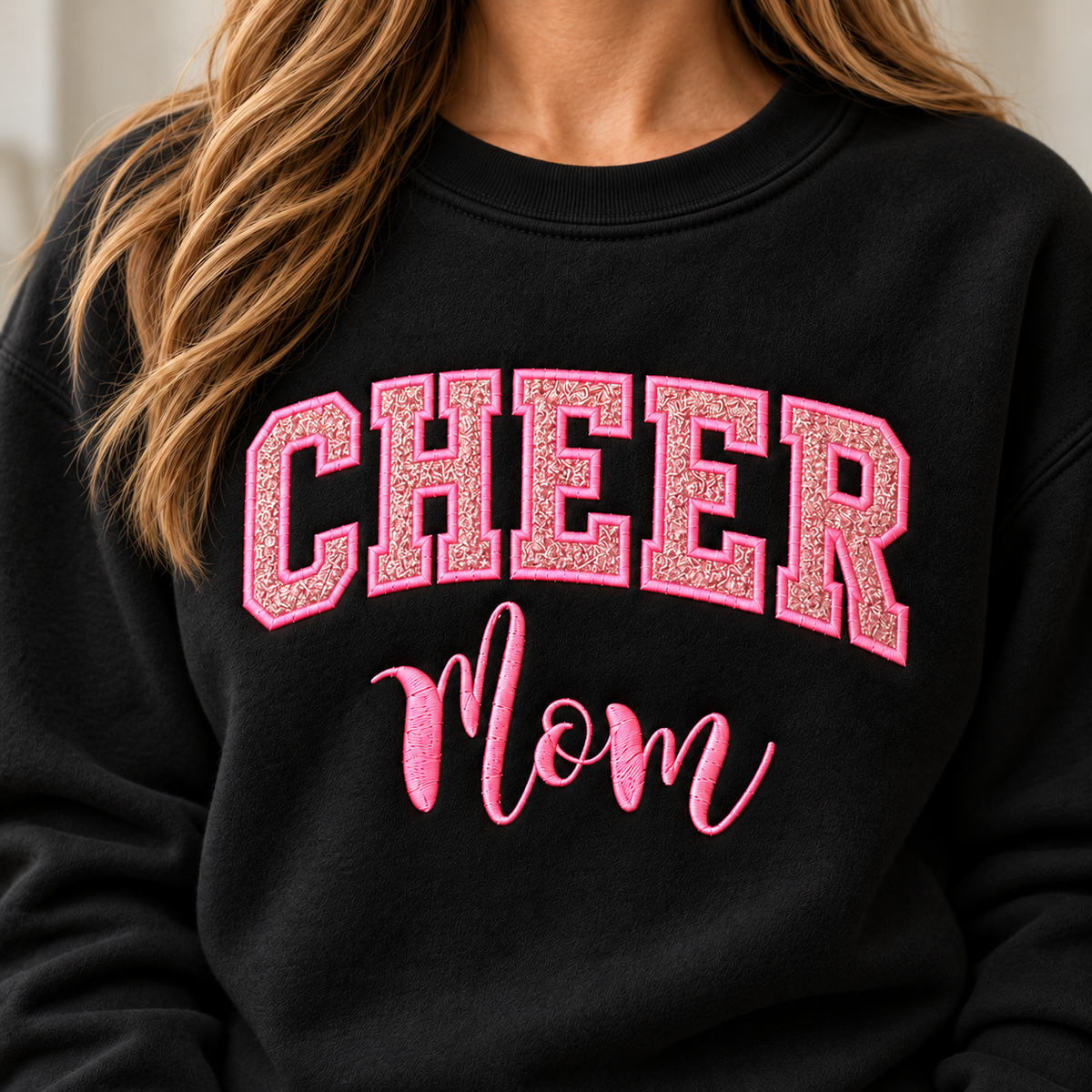 A close-up of a person wearing a black crewneck sweatshirt with 'CHEER Mom' printed on the front in pink. The word 'CHEER' is in a glittery pink-and-gold outlined block font, and 'Mom' is written below in a pink cursive script.