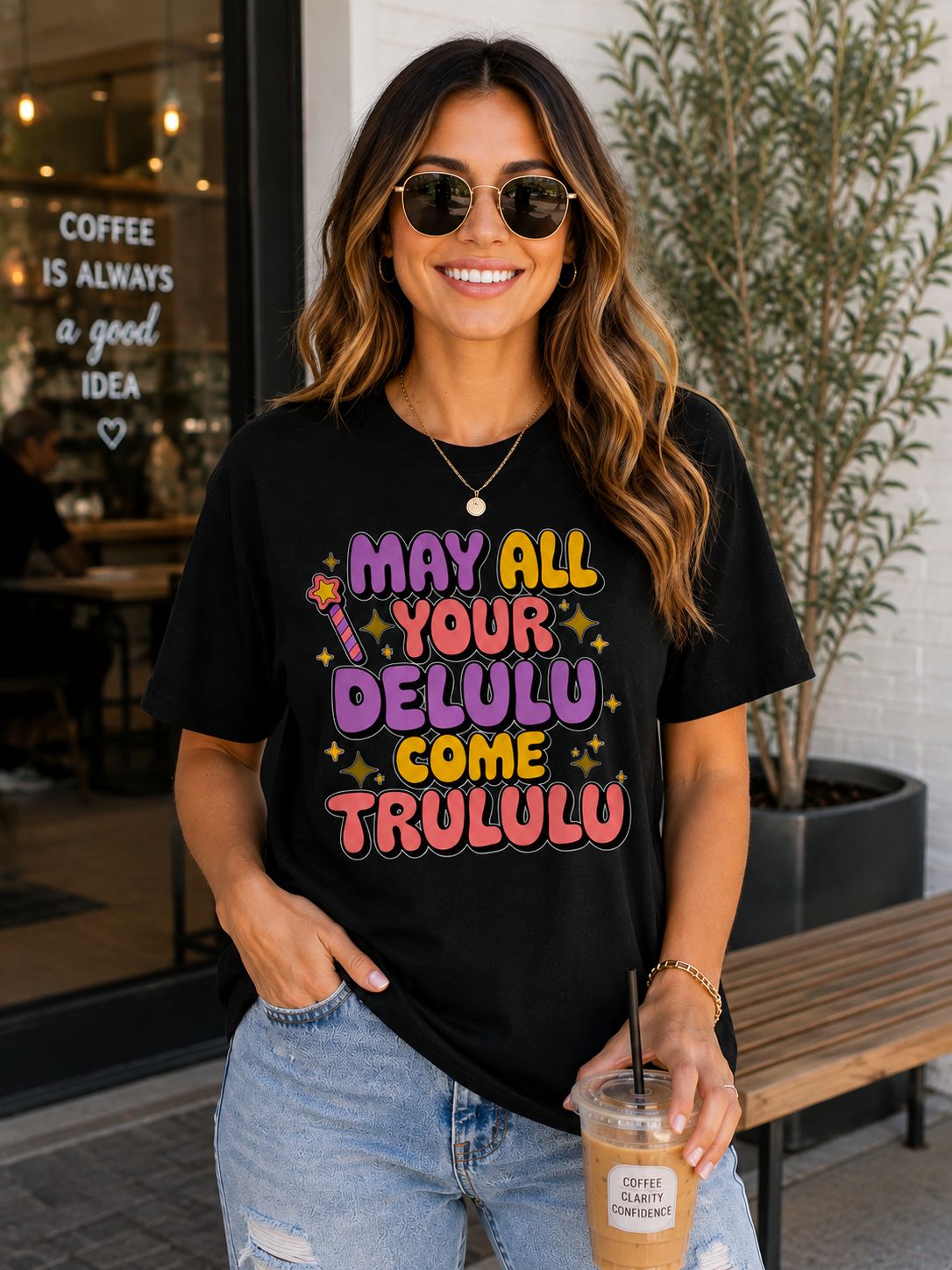 Smiling woman wearing a black "May All Your Delulu Come Trululu" graphic T-shirt with colorful retro bubble lettering, styled with light-wash distressed jeans and an iced coffee outside a modern coffee shop, showcasing the playful unisex graphic tee in a lifestyle setting.