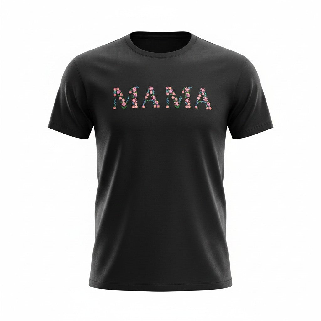 Floral “MAMA” Embroidered T-Shirt – Custom Mom Shirt | Black, Pink & Purple Graphic Tee