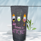 Black towel with three wine glasses Halloween themed that says Bottoms Up Witches