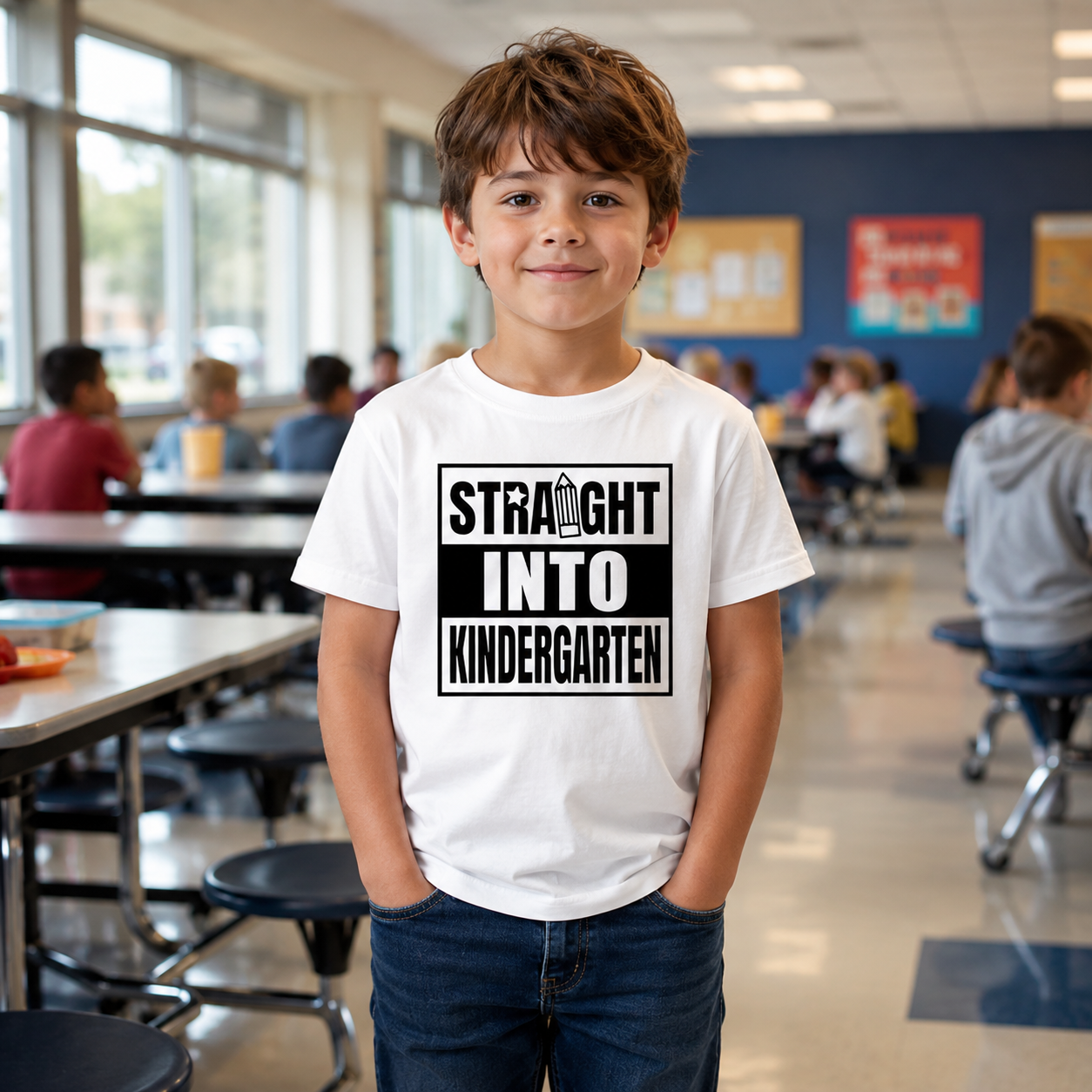 A young boy stands in a school cafeteria wearing a white t-shirt with a black graphic that reads 'STRAIGHT INTO KINDERGARTEN' and dark blue jeans.