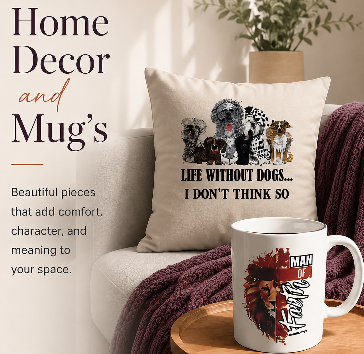 A styled home decor scene showing a cream throw pillow with a dog graphic and the text 'LIFE WITHOUT DOGS.