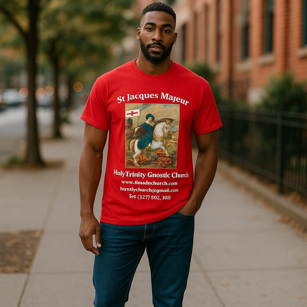 Man wearing a red graphic t-shirt to illustrate custom shirt design