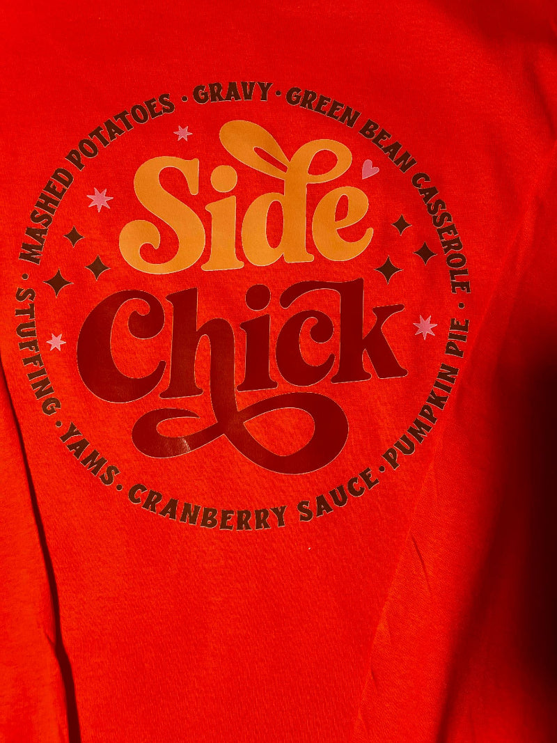 Focal point shot of Thanksgiving T-shirt celebrating holiday side dishes.