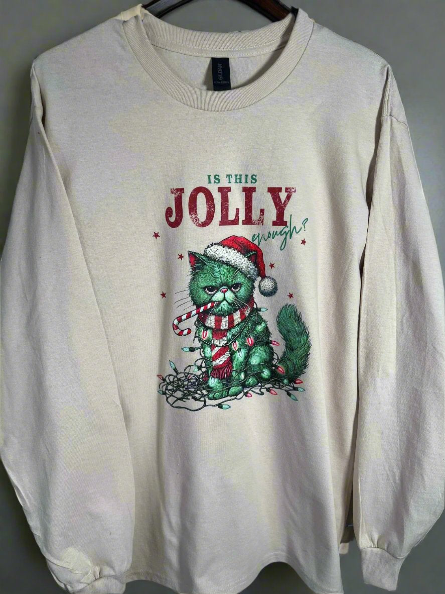 Grumpy cat holiday long sleeve tee with Santa hat and Christmas lights