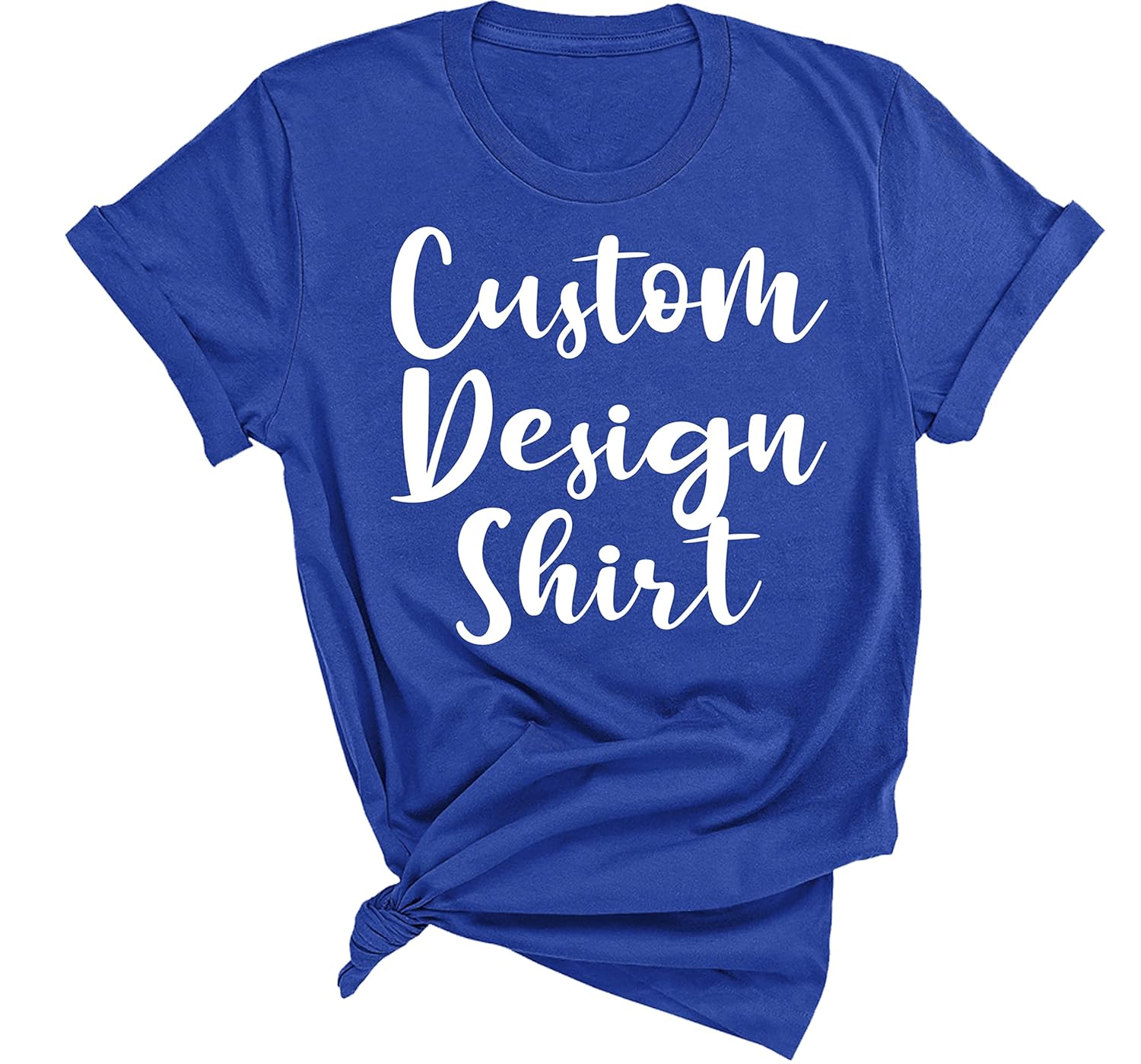 A blue t-shirt with the text 'CUSTOM DESIGN SHIRT' printed on the front.
