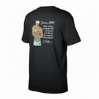 Black t-shirt with a graphic design on the back featuring a person holding flowers and text.
