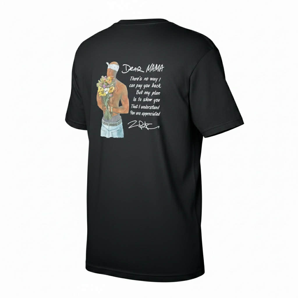 Black t-shirt with a graphic design on the back featuring a person holding flowers and text.