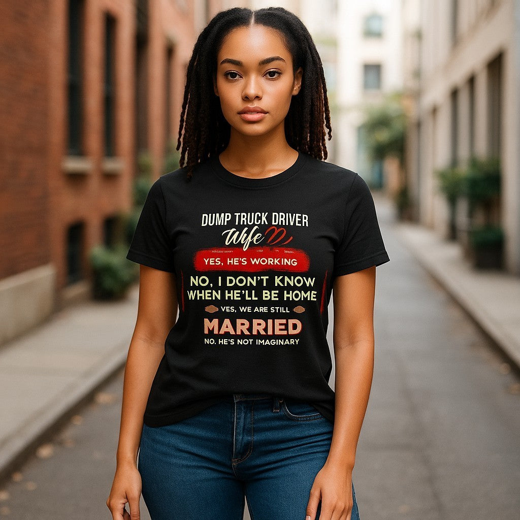 Woman wearing a black t-shirt with text on a city street