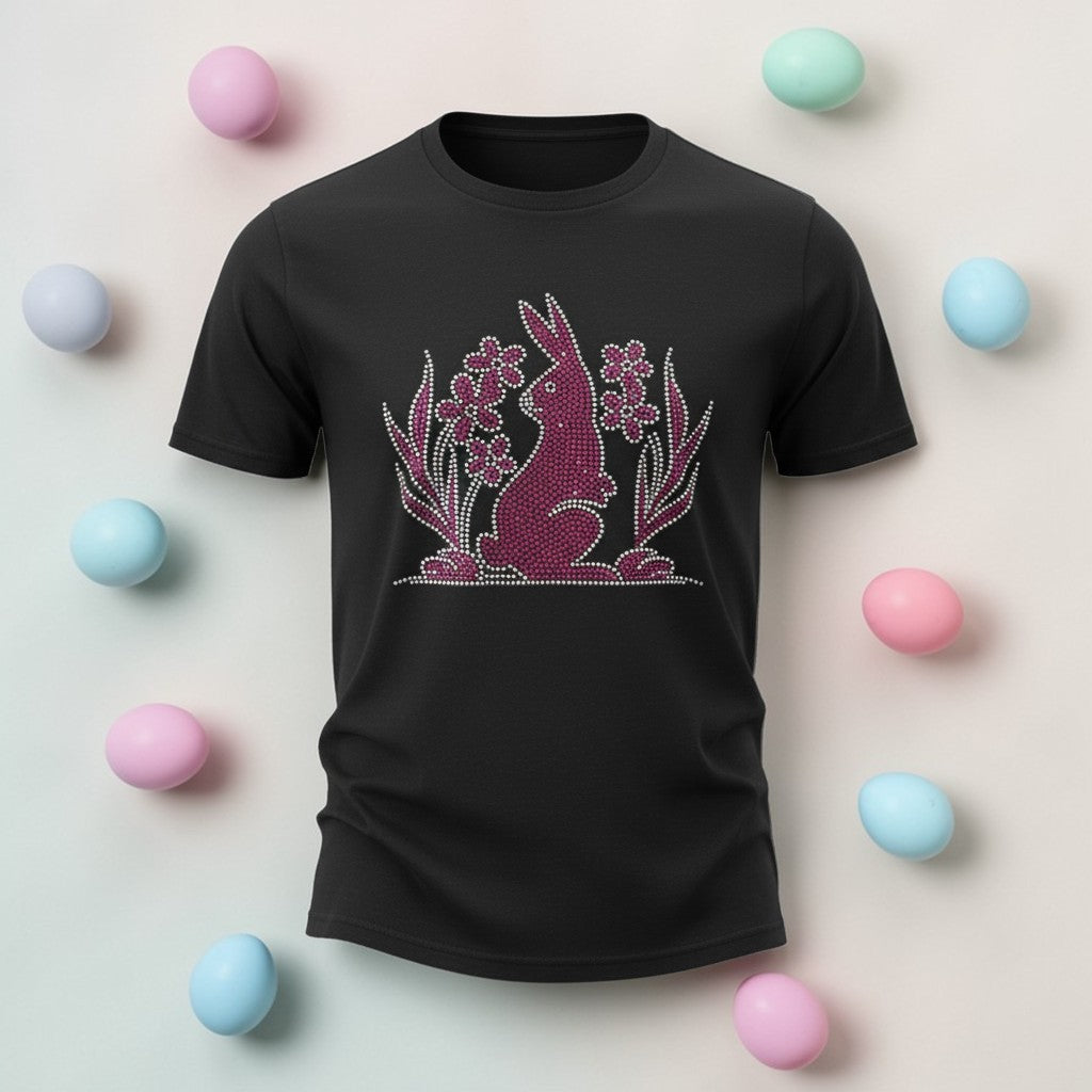 Black t-shirt with a rabbit and flower design surrounded by colorful Easter eggs on a light background