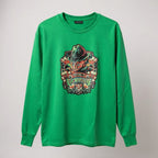 Green long-sleeve shirt with a colorful graphic design on a light gray background