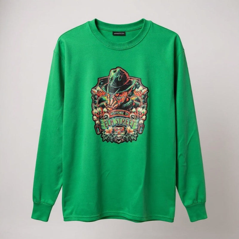 Green long-sleeve shirt with a colorful graphic design on a light gray background