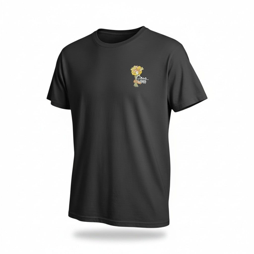 Black t-shirt with a small logo on the chest against a white background