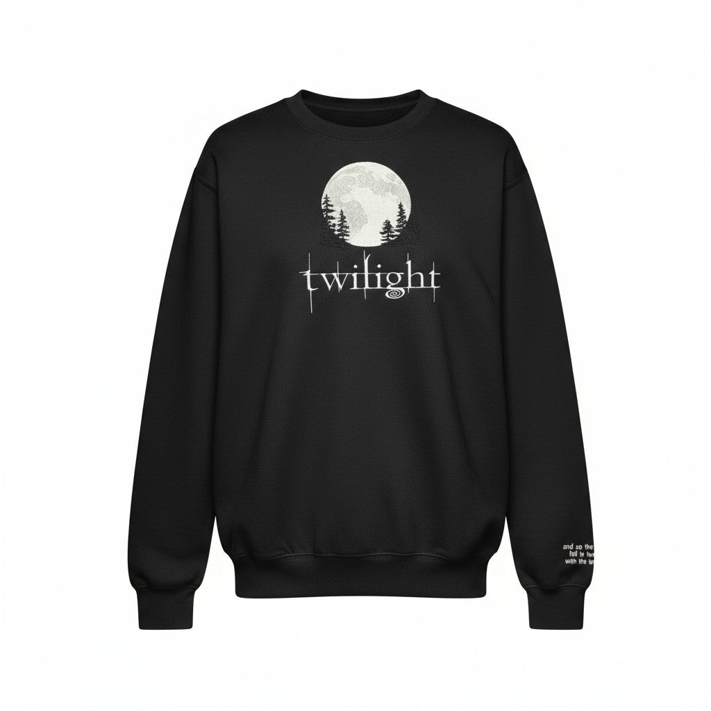 Black sweatshirt with 'twilight' design featuring a moon and trees on a white background
