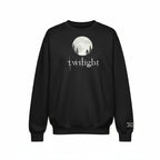 Black sweatshirt with 'twilight' design featuring a moon and trees on a white background