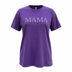 Purple t-shirt with 'MAMA' printed in colorful letters on a white background