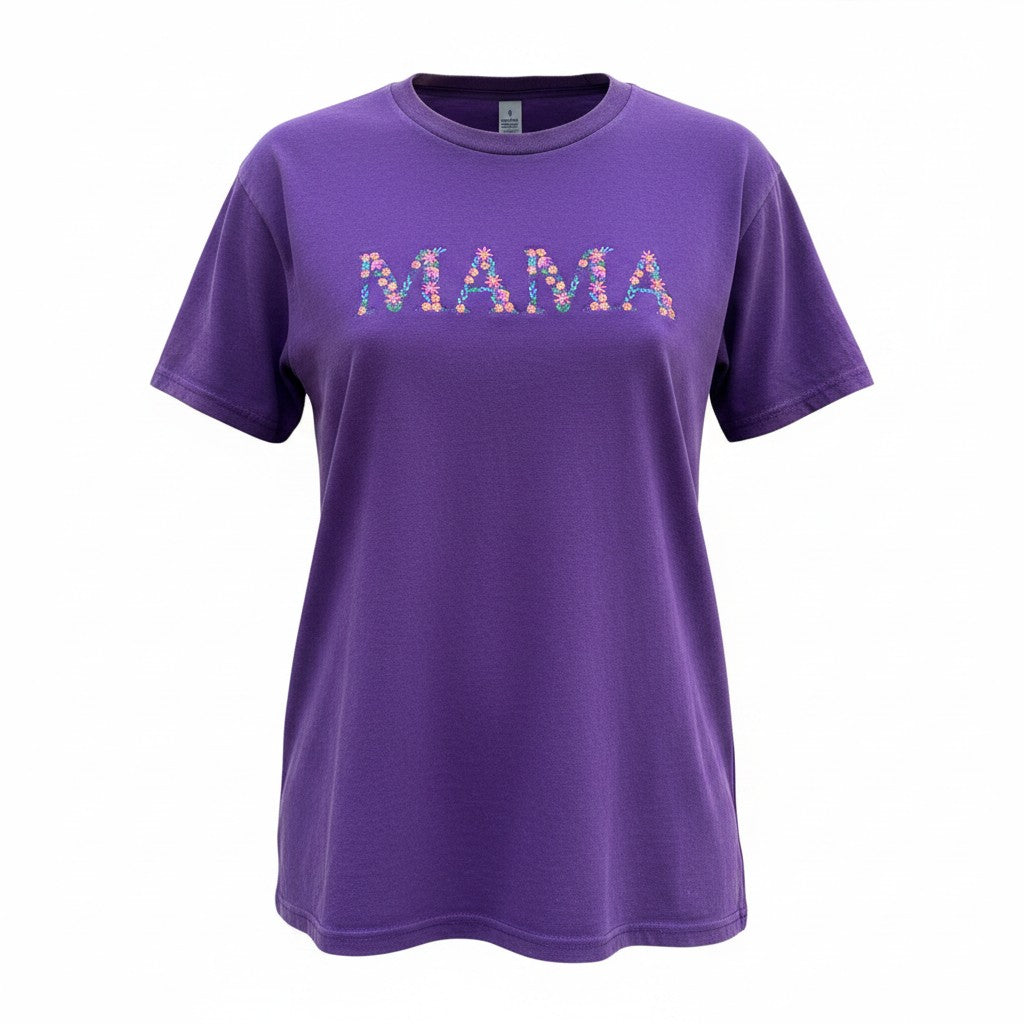 Purple t-shirt with 'MAMA' printed in colorful letters on a white background