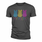 Black t-shirt with colorful bunny graphics and 'MY PEEPS' text on a white background
