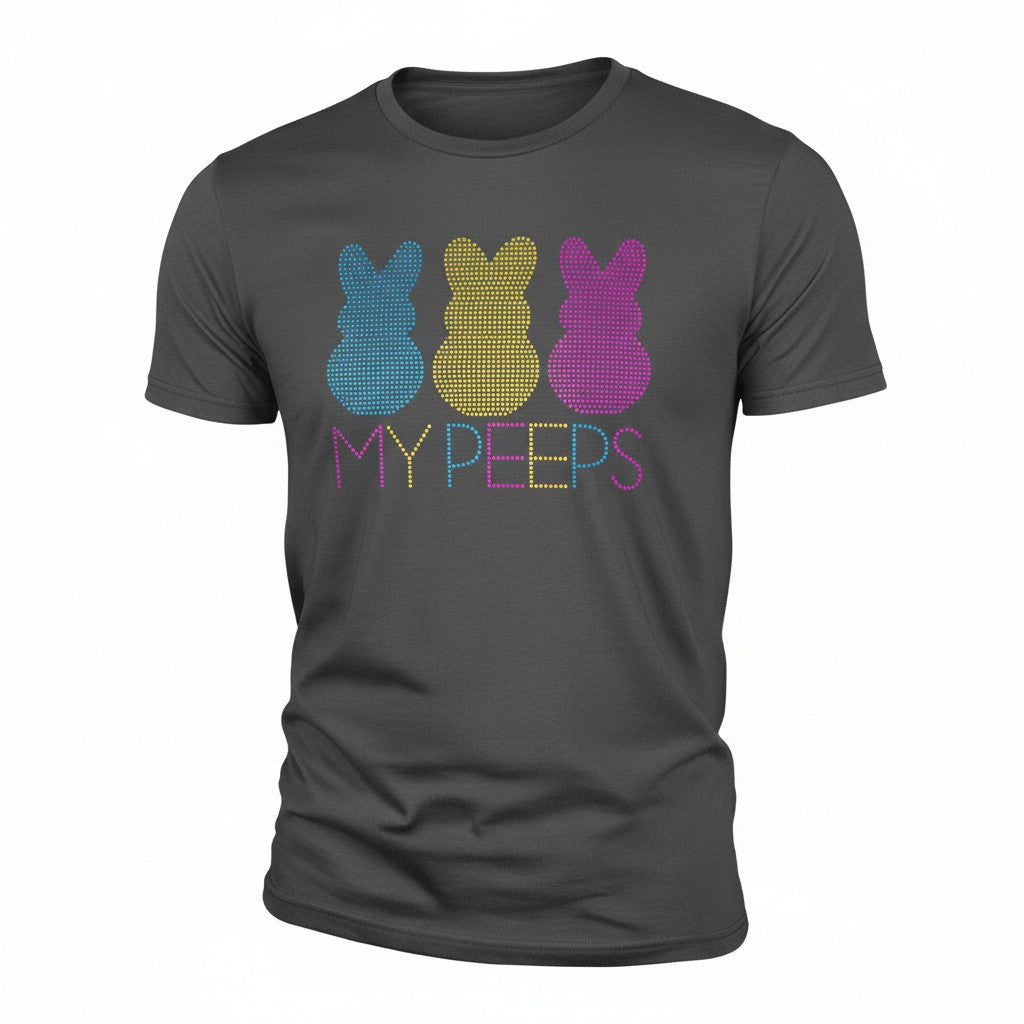 Black t-shirt with colorful bunny graphics and 'MY PEEPS' text on a white background