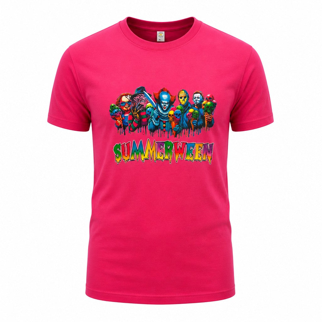 A bright pink short-sleeve crewneck t-shirt featuring a colorful graphic of cartoon superheroes and the word 'SUMMERWEEN' in a dripping multicolor font across the chest.