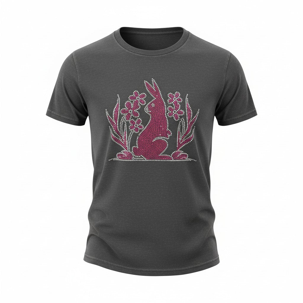 Black t-shirt with a pink rabbit and floral design on a white background