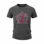 Black t-shirt with a pink rabbit and floral design on a white background