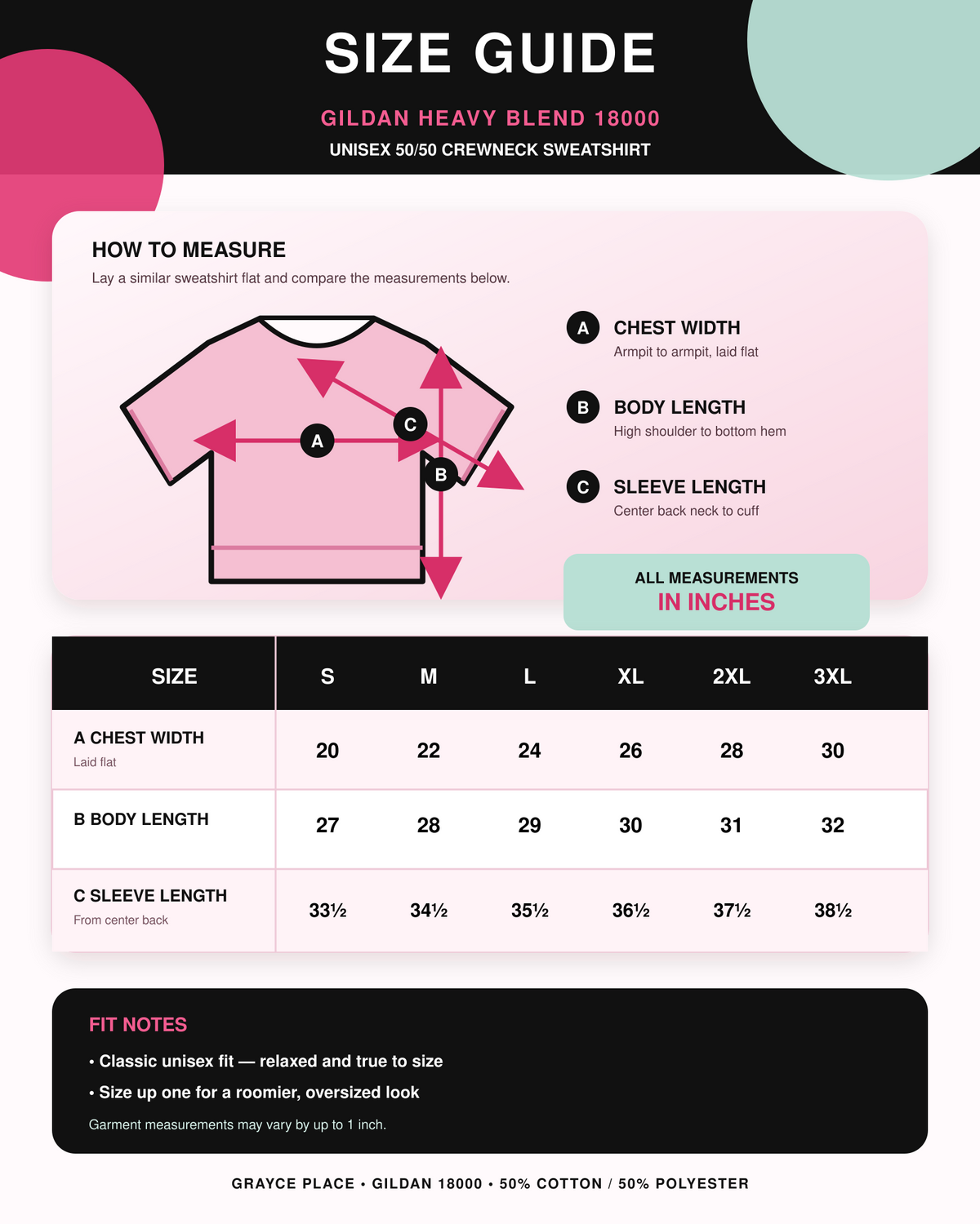 A size guide infographic for a Gildan Heavy Blend 18000 crewneck sweatshirt, showing how to measure chest, body length, and sleeve length with a pink shirt diagram and a sizing table from S to 3XL.