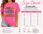 Gildan Ultra Cotton unisex T-shirt size chart featuring a pink "May All Your Delulu Come Trululu" graphic tee with width and length measurement guide, sizes Small through 5XL, and fit information for accurate sizing.