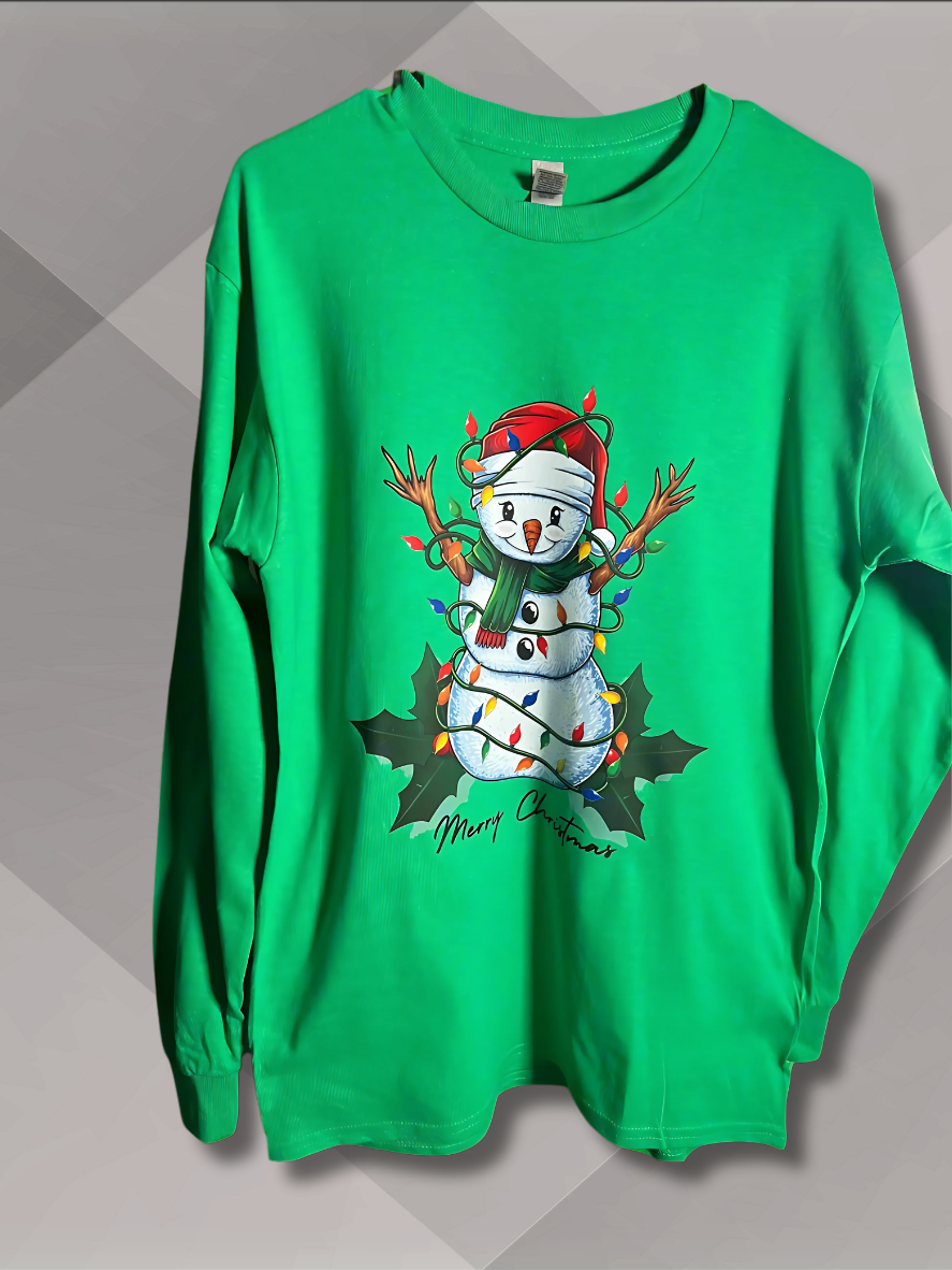 Green long sleeve t-shirt with a snowman wrapped with lights around and the words, Merry Christmas.