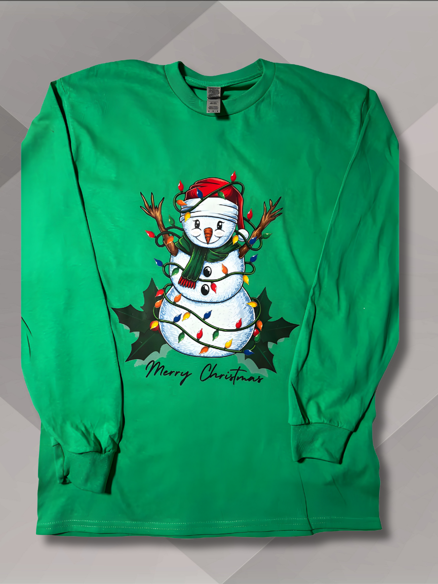 Staged T-shirt with a graphic print of a snowman wrapped in Christmas lights and mistletoe