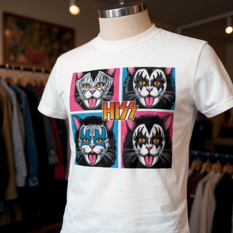 White tee with a cat graphic that mimics the 70s Rock band Kiss,
