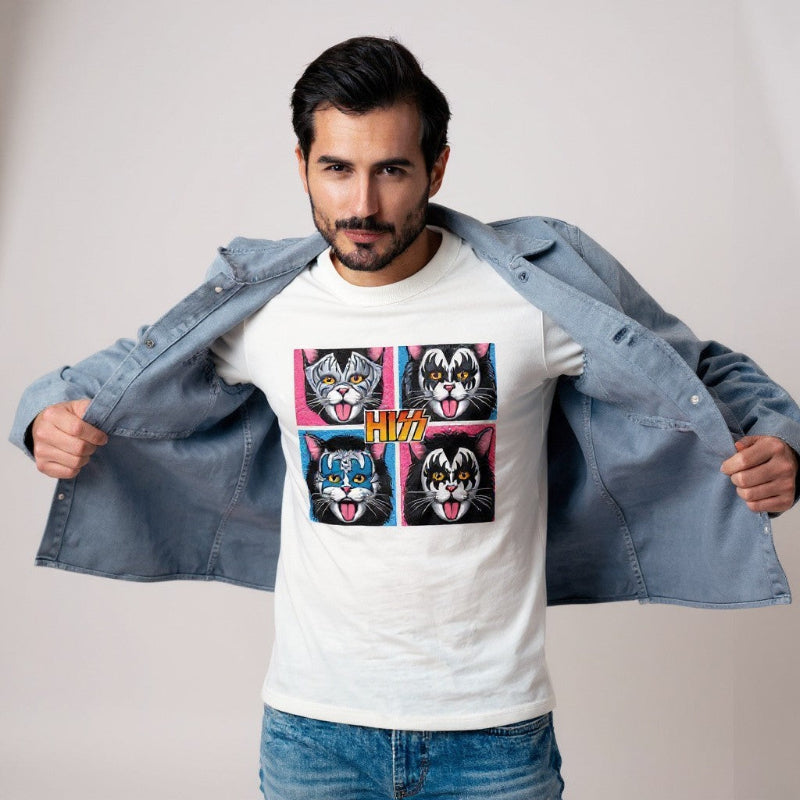 A man with his jacket open showing a cat lovers tee-shirt.