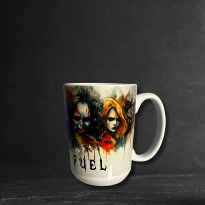 Mug with a graphic design of a character with red hair and text on a blue background