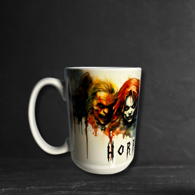 White mug with horror-themed design featuring characters and the text 'Horror Fuel' on a blue background.