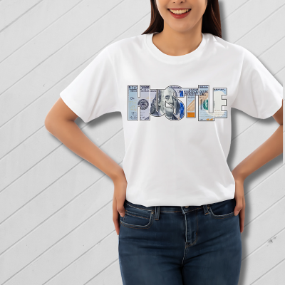 Person wearing a white t-shirt with a graphic design on a white background