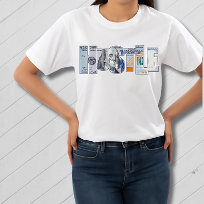 Person wearing a white t-shirt with a graphic design on a white background